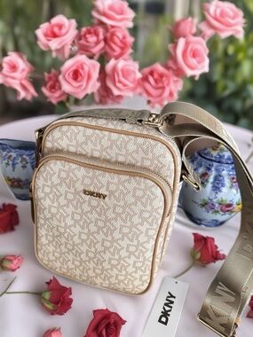 DKNY Beige Logo Crossbody Camera Bag with Gold Hardware